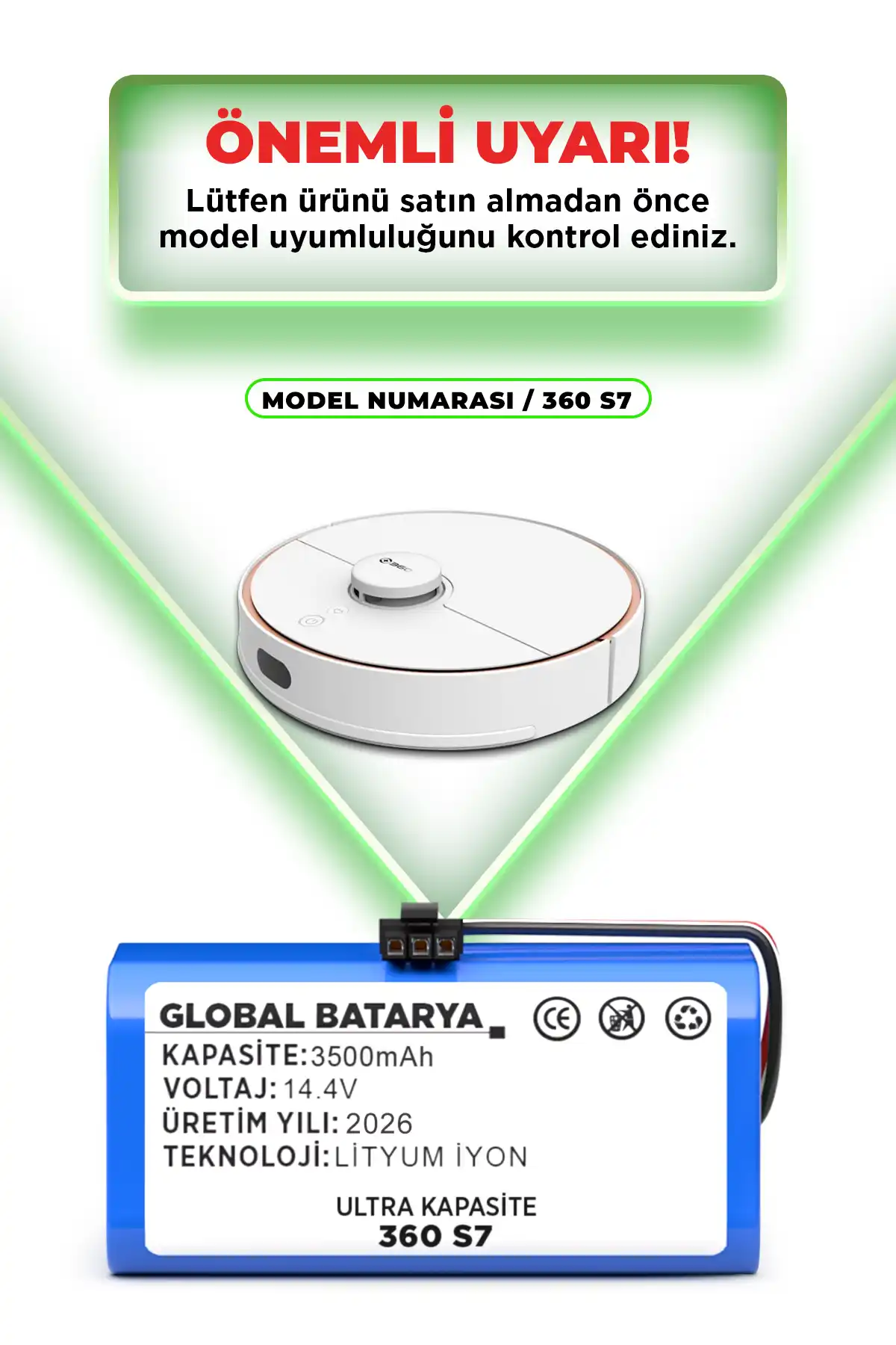 360 S7 Uyumlu Akıllı Robot Süpürge Bataryası 14.4v 3500mah Pil Ultra Kapasite