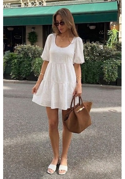 Seeh Beyaz Sırt Dekolteli Basic Kısa Elbise Sh376 Düz