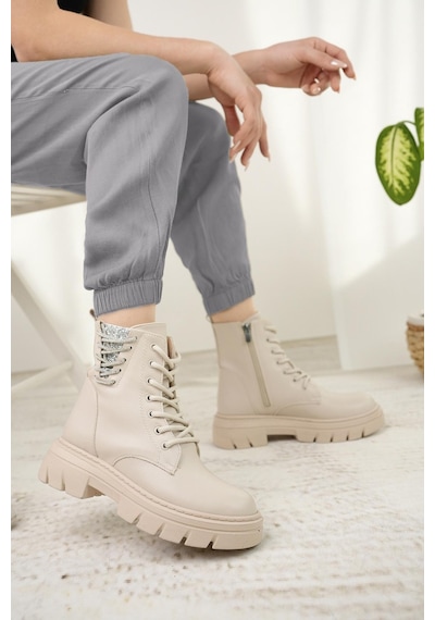 Nesil Shoes Fncy 206 Bej Fermuarlı Kadın Bot-bej Bej
