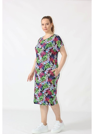 Moda Berray 3281 Çiçek Desenli Penye Kumaş Cepli Büyük Beden Mevsimlik Elbise Yeşil