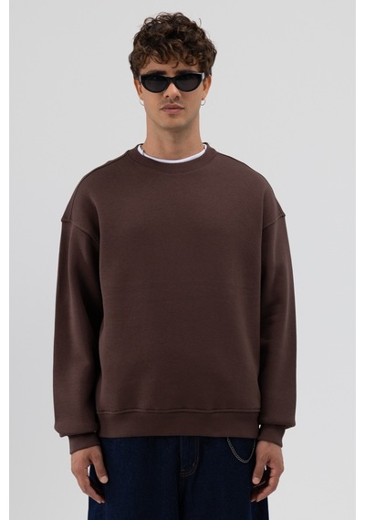 Vamos Basic Bisiklet Yaka Oversize Sweatshirt Kahve