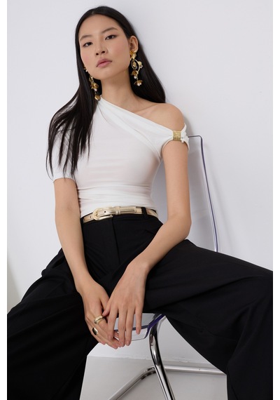 Fi-ma Aksesuar Detay Cutout Bluz - Beyaz siyah