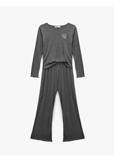 Koton Uzun Kollu Bisiklet Yaka Nakış Detaylı Pijama Takımı Antrasit Melange 6wlk40270mk Koton Uzun Kollu Bisiklet Yaka Nakış Detaylı Pijama Takımı Antrasit Melange 6wlk40270mk