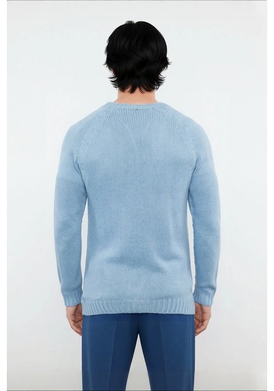 Frm Erkek Mavi Bisiklet Yaka Fitted Seamless Reglan Kol Akrilik Triko