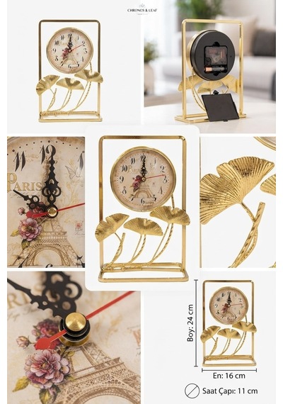 Gold Metal Çerçeveli Paris Manzaralı Ginkgo Yapraklı Dekoratif Masa Üstü Saat Ve Biblo 24x16 Cm Saat Seçeneği-Saatli