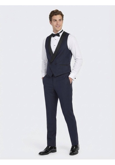 Saks Fitted Fit Şal Yaka Klasik Yelek Saks