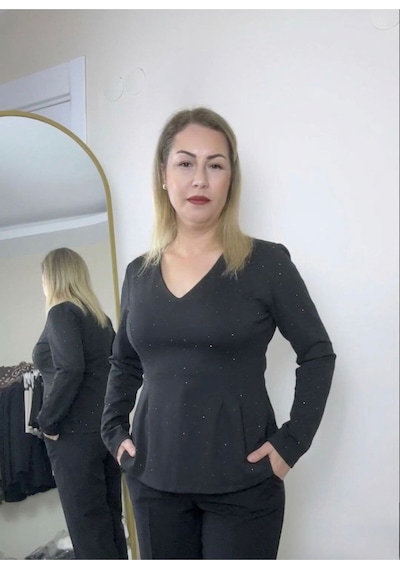 Büyük Beden Işıltılı V Yaka Peplum Bluz Siyah