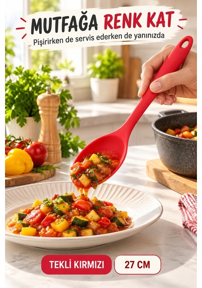 Tekli Kırmızı Büyük Boy Silikon Kaşık 27 Cm Mutfak Yemek Pişirme Ve Servis Kaşığı Evde Kullanım İçin