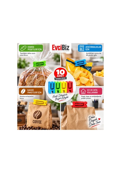 Evcibiz Poşet Paket Mandalı Klipsi 10'lu Karma Renk Pla Çevre Dostu Kese Ve Ambalaj Mandalı