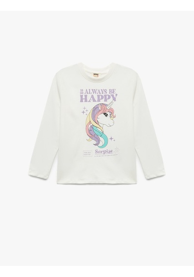 Koton Pamuklu Unicorn Baskılı Bisiklet Yaka Uzun Kollu Tişört Ekru 7wkg10060ak