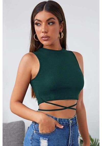 Kapsulavm Kadın Yeşil Çapraz Bağlamalı Crop Top Büstiyer
