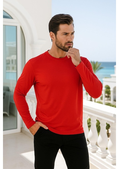 Rich Erkek Uzun Kollu Bisiklet Yaka Tişört - %100 Pamuk Basic Relaxed T-shirt Kirmizi