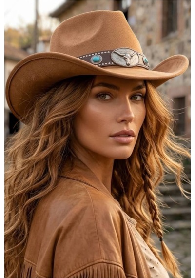 Tezzgelsin Kadın Boğa Başlı Turkuaz Taş Detaylı Kaşe Kovboy Şapka Camel