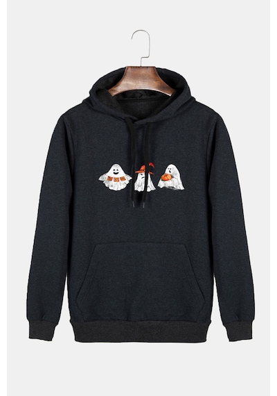 Unisex Antrasit Kapüşonlu Cadılar Bayramı Boo Baskılı Slim Fit Kanguru Cepli Sweatshirt Antrasit