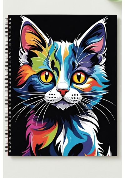 Kedi Tasarım Temalı 4'lü Set A5 Metal Spiralli 2 Ad. Çizgili- 2 Ad. Kareli Karton Kapak Kedi Tasarım Temalı 4'lü Set Defter Çok Renkli