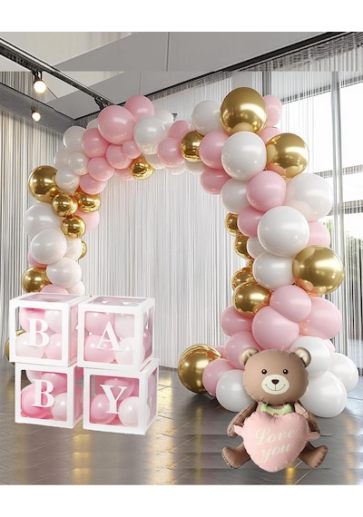 Krom Gold, Makaron Pembe Ve Beyaz Balon Temalı Baby Shower Set Baby Kutu Pembe Kalpli Ayıcık Folyo Ve Balon Zincir Set Pembe