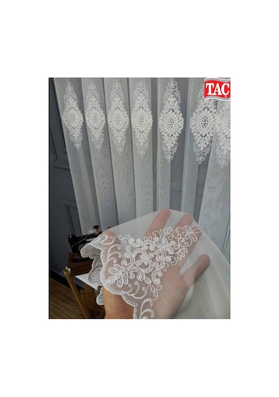 Nakışlı Kort Damask Salon Model Tarz Tasarım Pirime Exculusive 3 Kat Pileli Tül Perde Pirime