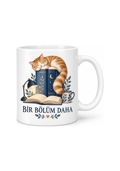 Bir Bölüm Daha Kitap Ve Uyuyan Kedi Tasarımlı Porselen Kupa Diğer