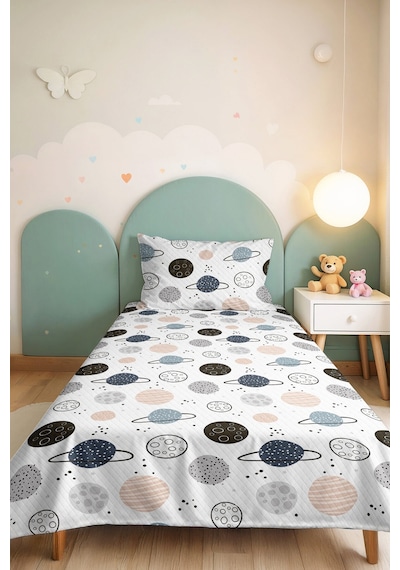 Evimde Bambaşka Uzay Gezegen Desenli Çocuk Odası Tek Kişilik Pike Takımı-gri Bej 160x220  CM Kapitone Yatak Örtüsü