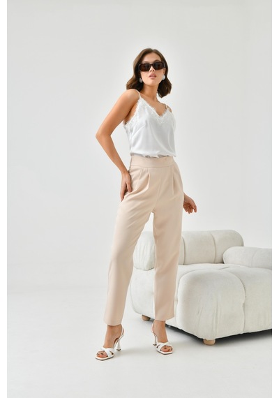 Ftz Women Kadın Lastikli Pleli Dar Paça Pantolon Beige 30744-beige Bej