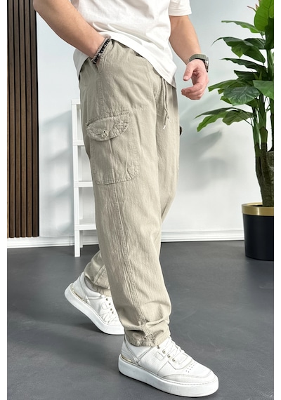 Edwox Erkek Baggy Kalıp Kargo Cepli Pantolon Bej Edw131