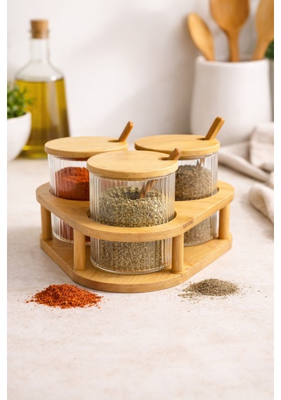 3 Lü Cam Baharatlık Seti Kaşıklı Bambu Standlı, Cam Baharat Kavanozu 8x8 Cm Şeffaf