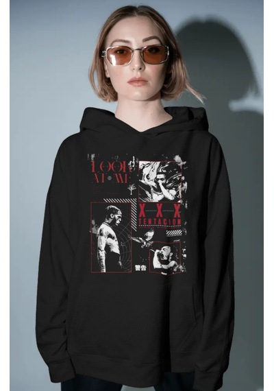 Sevbano X Tentacion Rapper Şarkıcı Ön Baskılı Unisex Oversize Premium Hoo Siyah