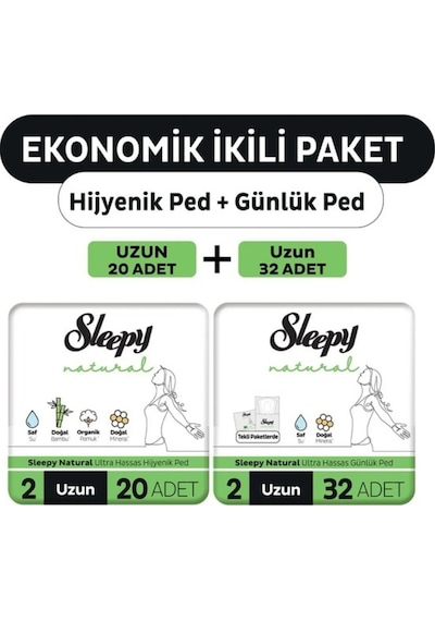 Sleepy Natural Ultra Ped Uzun 20'li + Uzun Günlük Ped 32 Adet