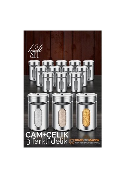 Cam+çelik Tuzluk Biberlik Karabiberlik 3 Farklı Delikli 12 Li Set 721946 Siyah