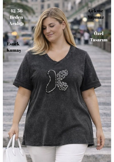 Cedy Denim Cedy - Kadın Özel Tasarım Esnek, Pul Payet, Dantel Detaylı Yıkamalı V Yaka Büyük Beden Tişört Antrasit Cedy Denim Cedy - Kadın Özel Tasarım Esnek, Pul Payet, Dantel Detaylı Yıkamalı V Yaka Büyük Beden Tişört Antrasit