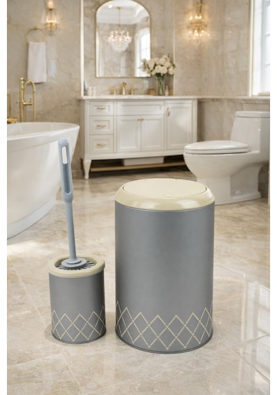 Geometrik Zikzak Desenli 2'li Banyo Seti Gri