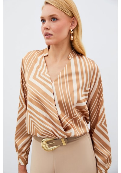 Sateen Kruvaze Desenli Bluz - Kahve-134988 Kahve Sateen Kruvaze Desenli Bluz - Kahve-134988 Kahve