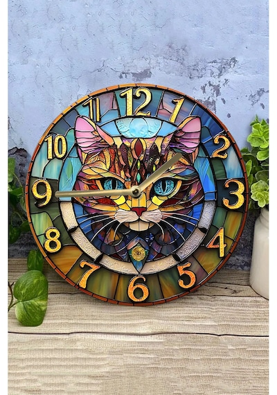 Sessiz Yuvarlak Ahşap Duvar Saati, Kuvars Hareketli 2d Kedi Desen Sdw021 Renkli