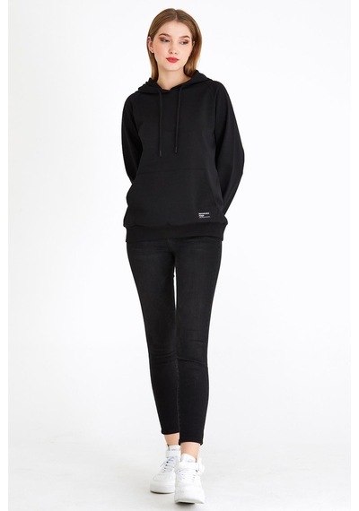 MMetalic Kadın Siyah Kapüşonlu Basic Örme Sweatshirt