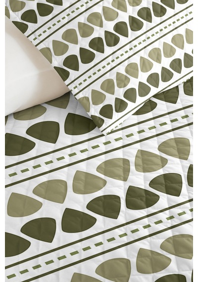 Yeşil Geometrik Modern Tek Kişilik Pike Takımı - Beyaz Çizgili Minimal 160x220 Cm Yatak Örtüsü Ahenkli Halı Kırıntısı