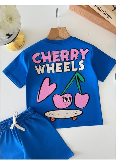 Magu Kız Çocuk Pamuklu Kiraz Ve Kaykay Baskılı T-shirt Şort Takım Mavi