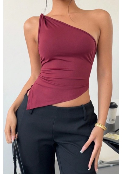 Kadın Siyah Tek Omuz Bluz Asimetrik Kesim Likralı Crop Şık Ve Modern Tasarım Bordo