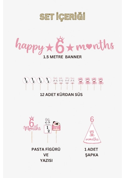 6 Ay Temalı Kız Bebek Parti Seti Happy 6 Months Banner, Pasta Süsü, Kürdan Süs Ve Parti Şapkası Seti Pembe