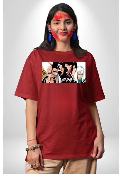 Bleach Anime Pamuklu Bisiklet Yaka Unisex Oversize Boyfriend Dijital Baskılı Kırmızı T-shirt Kırmızı