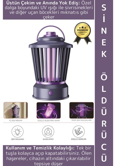 Premium İç Dış Mekan Uv Işık Lamba Sivrisinek Kovucu Sineksavar Şarjlı Asılır Sinek Öldürücü Siyah