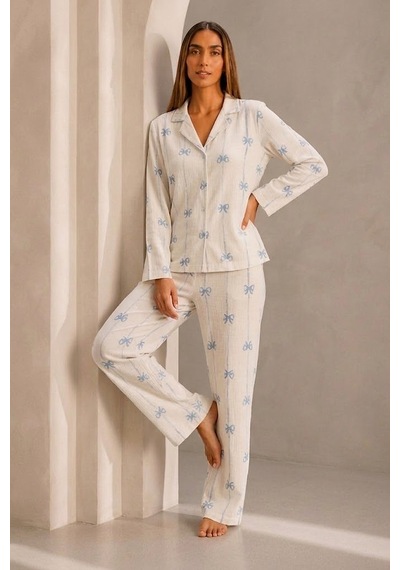 Fit Women Kadın Önden Düğmeli Uzun Kollu Alt Üst Beyaz Pijama Takımı
