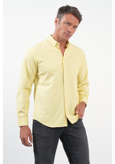 İmza Sarı Düğmeli Yaka Uzun Kol Slim Fit Pamuklu Gömlek 1004260235