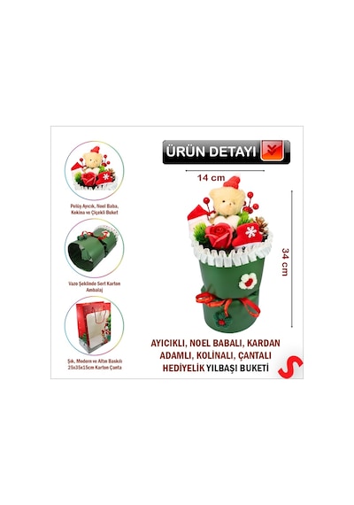 Pelüş Ayıcıklı Kokinalı Çantalı 35cm Yılbaşı Buketi - Yeşil