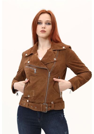 Leatinn Biker Taba Kadın Deri Mont