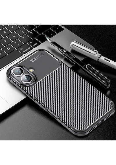 Apple iPhone Uyumlu 16 Plus Kılıf Karbon Görünümlü Silikon Kamera Korumalı Üstün Koruma Pazarplus Siyah