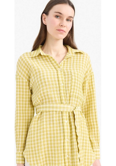 DeFacto Relax Fit Pötikareli Gofre Dokulu Kuşaklı Uzun Kollu Tesettür Gömlek Tunik E4558AX25SMKH519