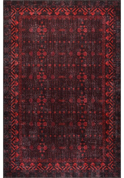 Artloop Relic Siyah Kırmızı Vintage Minimal Etnik Geometrik Desenli Dokuma Tabanlı Şönil Halı Al 563