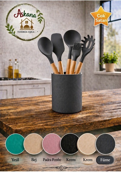 5 Parça Renkli,ahşap Saplı Silikon Mutfak Servis Seti-yanmaz Yapışmaz Kepçe Spatula Kaşık Fırça Füme Antrasit