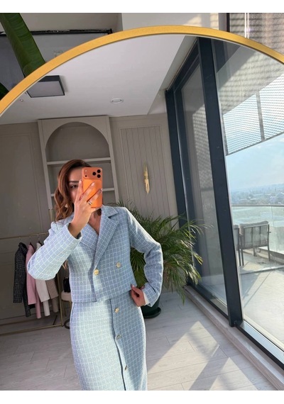 Duygudan Gold Düğme Detaylı Kısa Ceket & Etek Takım - Mavi Çok Renkli