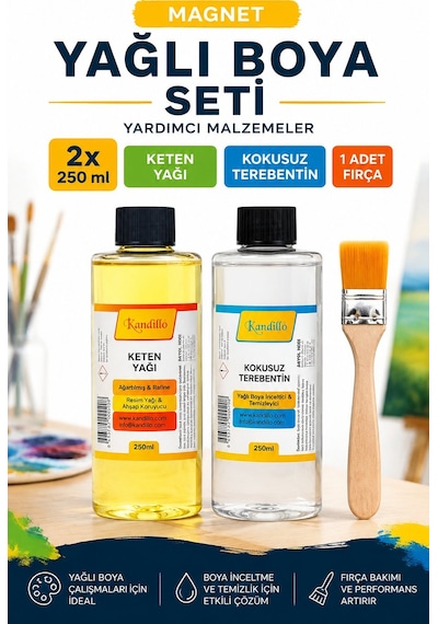 Yağlı Boya Seti 2x250 Ml Keten Yağı Kokusuz Terebentin + Fırça Resim Malzemesi Diğer